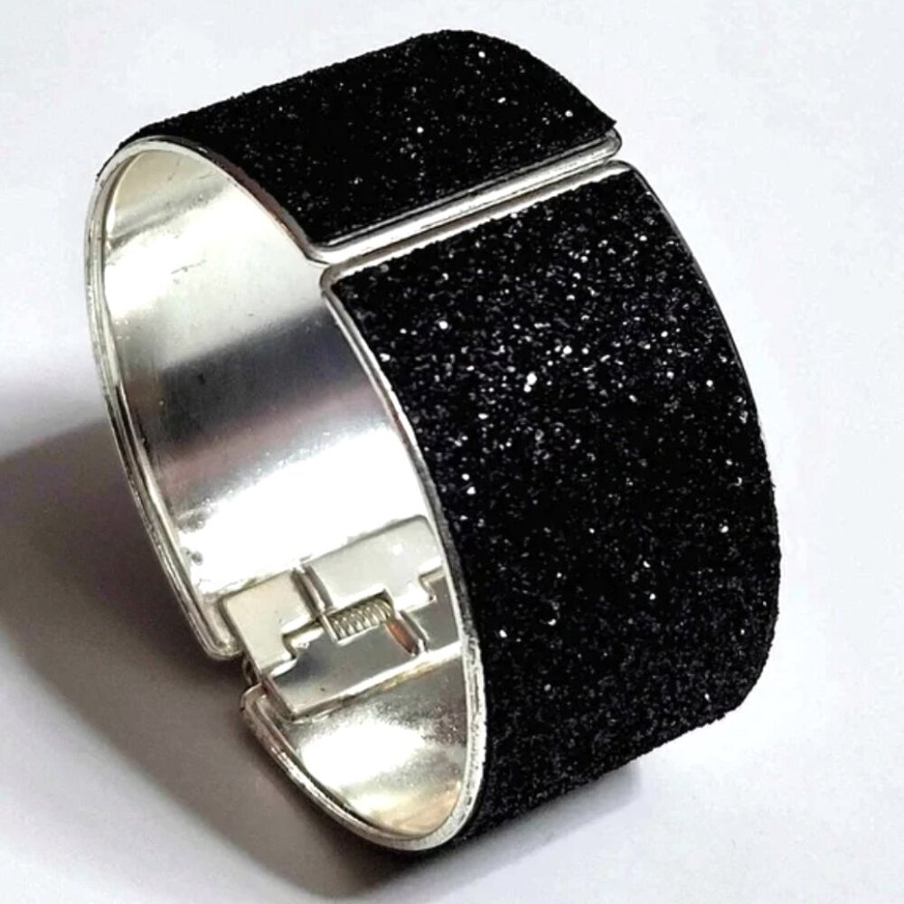 Silver Plated Jet Black Sparkle Spring Open Cuff Bracelet